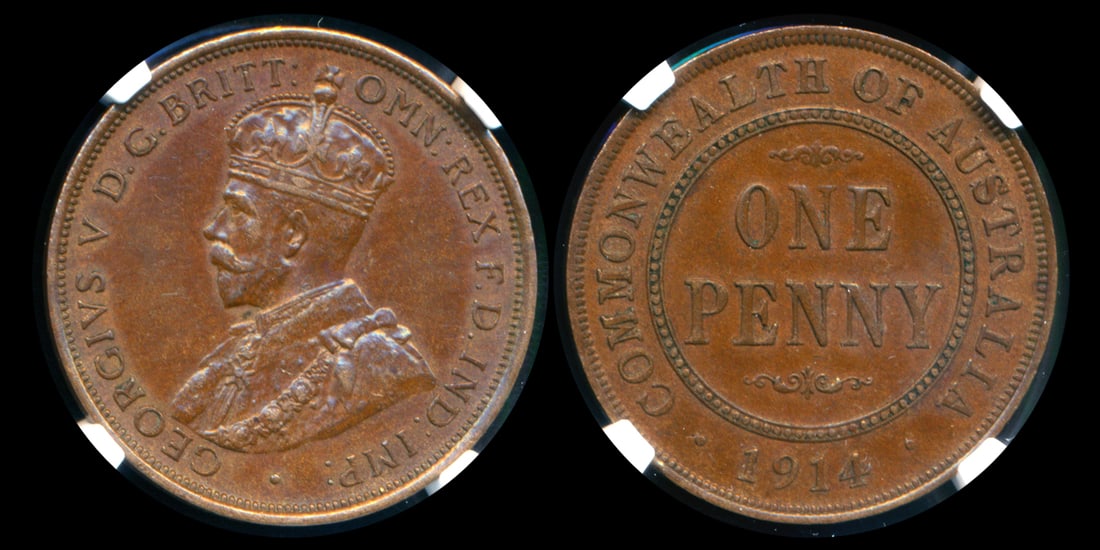 Australia KGV Penny 1914 NGC AU58BN: Australia George V, Penny, (KM.23), 1914, NGC AU58BN. From the Sinnathuray Family Collection.