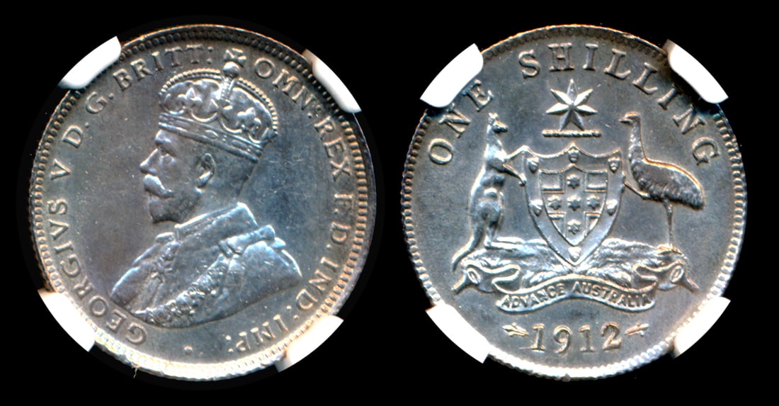 Australia KGV Shilling 1912 NGC: Australia George V, Shilling, (KM.26), 1912, NGC UNC Details - surface hairlines. From the Sinnathuray Family Collection.