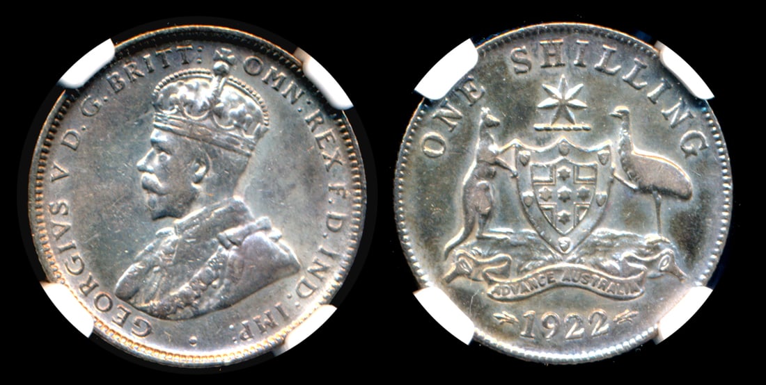 Australia KGV Shilling 1922 NGC AU55: Australia George V, Shilling, (KM.26), 1922, NGC AU55. From the Sinnathuray Family Collection.