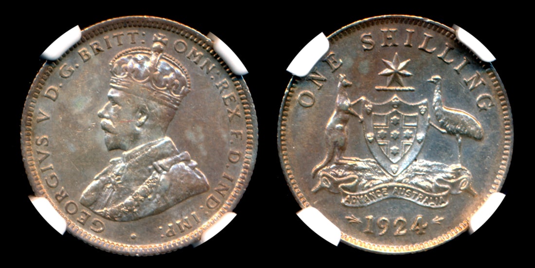 Australia KGV Shilling 1924 (M&S) NGC AU53: Australia George V, Shilling, (KM.26), 1924 (M&S), NGC AU53. From the Sinnathuray Family Collection.