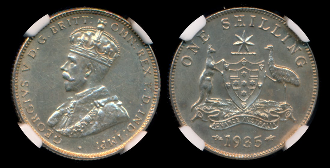 Australia KGV Shilling 1935 NGC: Australia George V, Shilling, (KM.26), 1935, NGC AU Details - surface hairlines. From the Sinnathuray Family Collection.