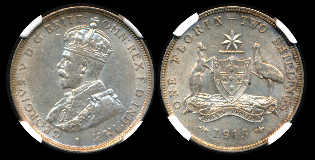 Australia KGV Florin 1913 NGC: Australia George V, Florin (2 Shillings), (KM.27), 1913, NGC AU58. Scarce. From the Sinnathuray Family Collection.