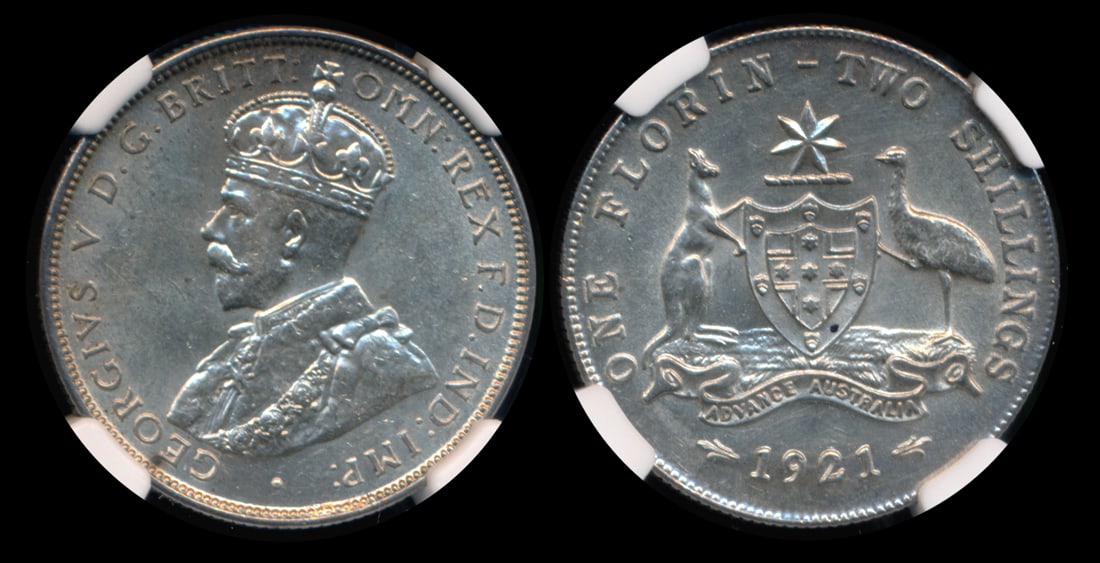 Australia KGV Florin 1921 NGC: Australia George V, Florin (2 Shillings), (KM.27), 1921, NGC UNC Details - surface hairlines. From the Sinnathuray Family Collection.