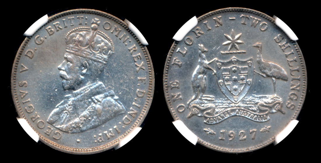 Australia KGV Florin 1927 NGC: Australia George V, Florin (2 Shillings), (KM.27), 1927, arms reverse, NGC AU Details - surface hairlines. From the Sinnathuray Family Collection.