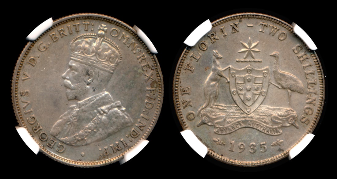 Australia KGV Florin 1935 NGC: Australia George V, Florin (2 Shillings), (KM.27), 1935, NGC AU Details - surface hairlines. From the Sinnathuray Family Collection.