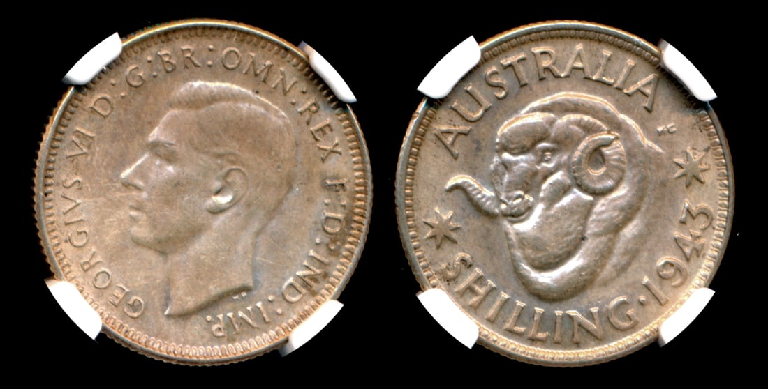 Australia KGVI Shilling 1943 NGC AU58: Australia George VI, Shilling, (KM.39), 1943, NGC AU58. From the Sinnathuray Family Collection.