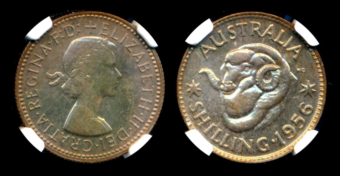 Australia QEII Shilling 1956 proof NGC PF66: Australia Elizabeth II, Shilling, (KM.59), 1956, proof, NGC PF66. From the Sinnathuray Family Collection.
