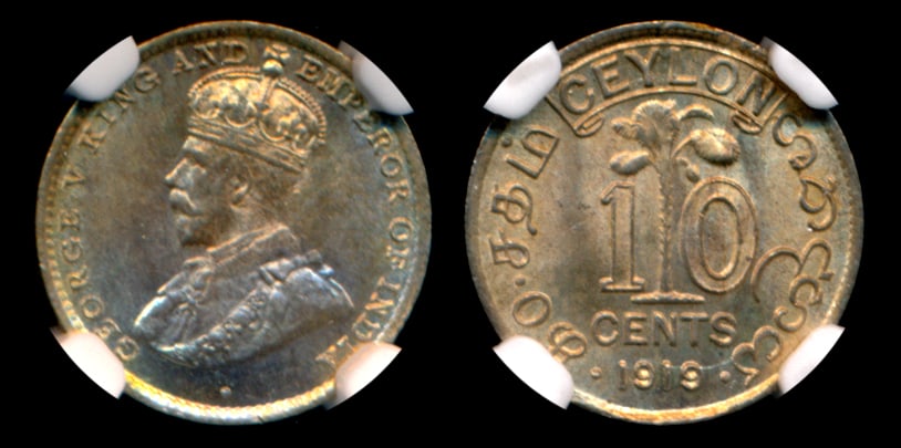 Ceylon KGV 10c 1919B NGC MS64 (1 of 1)