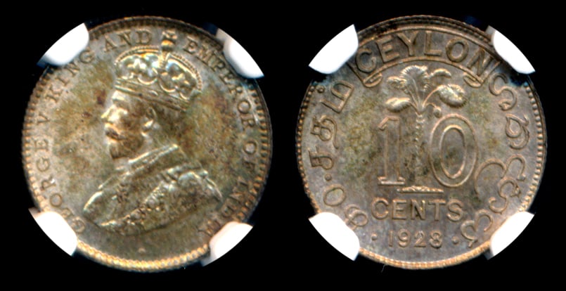Ceylon KGV 10c 1928 NGC MS63 (1 of 1)