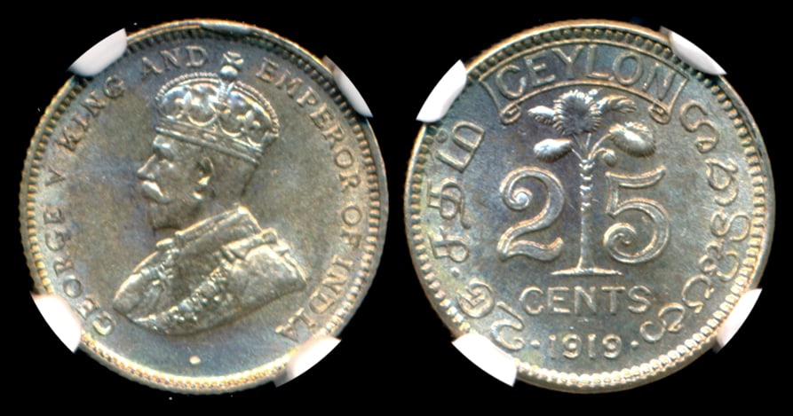Ceylon KGV 25c 1919B NGC MS63 (1 of 1)
