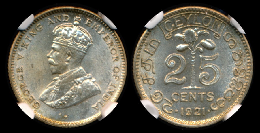 Ceylon KGV 25c 1921B NGC MS64 (1 of 1)