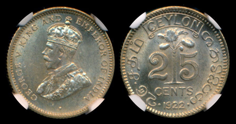 Ceylon KGV 25c 1922 NGC MS64 (1 of 1)