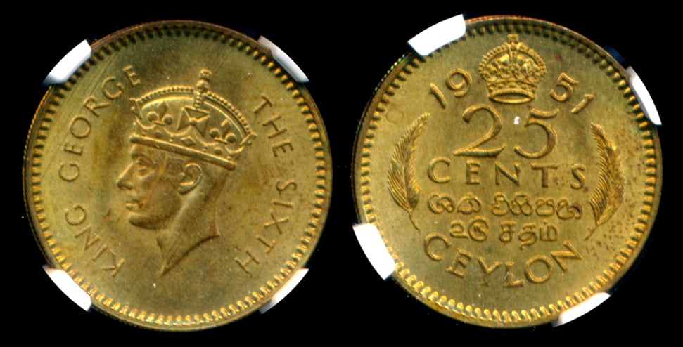 Ceylon KGVI 25c 1951 NGC MS63 (1 of 1)