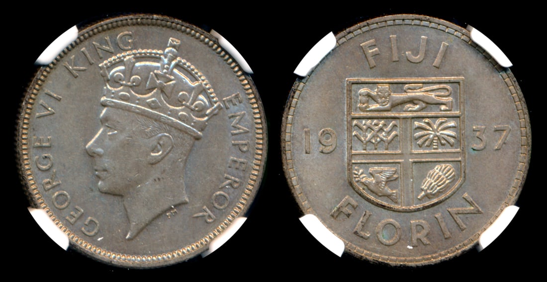 Fiji KGVI Florin 1937 NGC MS63: Fiji George VI, Florin, (KM.10), 1937, NGC MS63. From the Sinnathuray Family Collection.