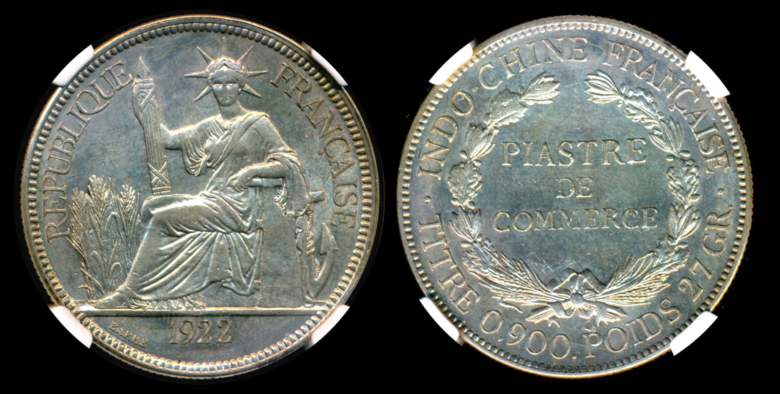 French Indo-China Piastre 1922 NGC: French Indo-China Piastre, (KM.5a.2), 1922, NGC AU Details - surface hairlines. From the Sinnathuray Family Collection.