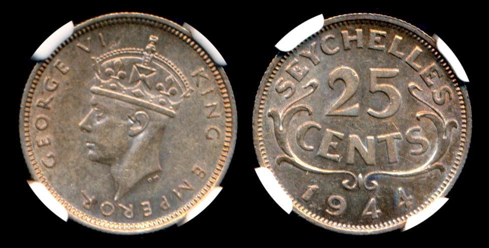Seychelles KGVI 25c 1944 NGC AU58 (1 of 1)