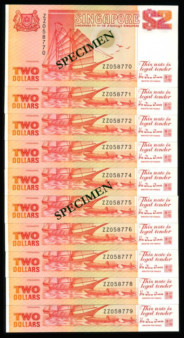 Singapore $2 P27 10 consec replacement: Singapore $2, (1990), ship, orange, (P.27), serial nos. ZZ 058770 to 779, 10 consecutive replacement notes, AU-UNC. (10)