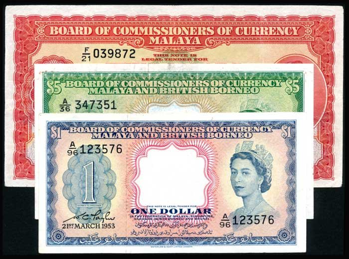 3 Malaya $10 1941 P13 MBB $1 $5 1953 P1a 2a: Malaya $10, 1 July 1941, King George VI, (P.13; Tan M13), serial no. F/21 039872, fine; Malaya & British Borneo: $1, 21 March 1953, Queen Elizabeth II, (P.1a; Tan M18), serial no. A/96 123576, fine; $