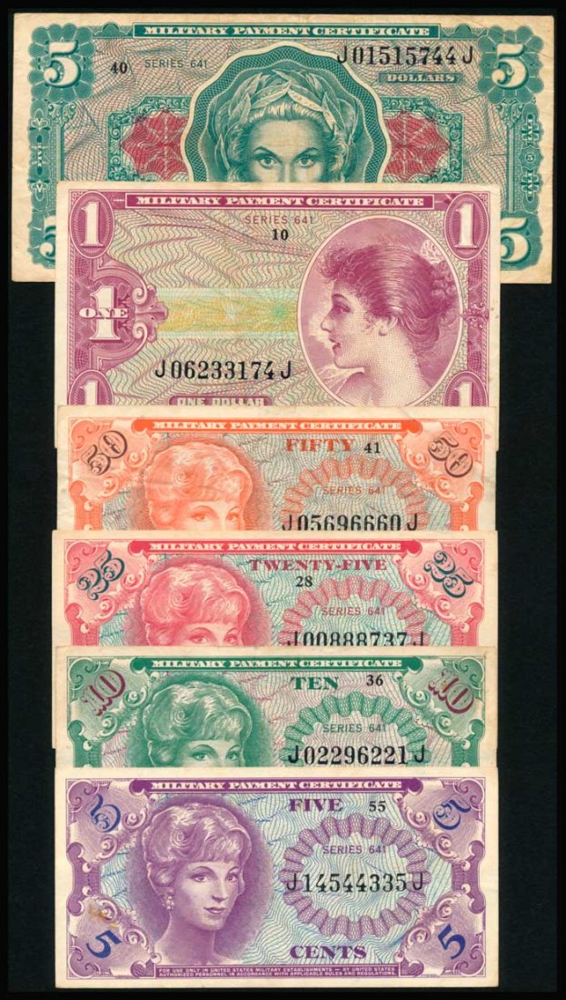 6 United States 5c-$5 1965 PM57-M62: United States Military Payment Certificate, series 641, 5, 10, 25, 50 Cents, $1, $5, ND (1965), (P.M57 to M62), serial nos. J 14544335 J, J 02296221 J, J 00888737 J, J 05696660 J, J 06233174 J, J 0151
