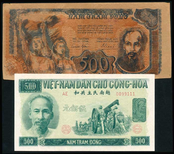 2 Viet Nam North 500 Dong 1949-51 P31b 64a: Viet Nam/North Viet Nam Dan Chu Cong Hoa, 500 Dong, 1949, (P.31b), serial no. AR 098 SW 036, some nicks at margins; 500 Dong, 1951, (P.64a), serial no. AE 0099111, ageing; GEF-AU. (2)