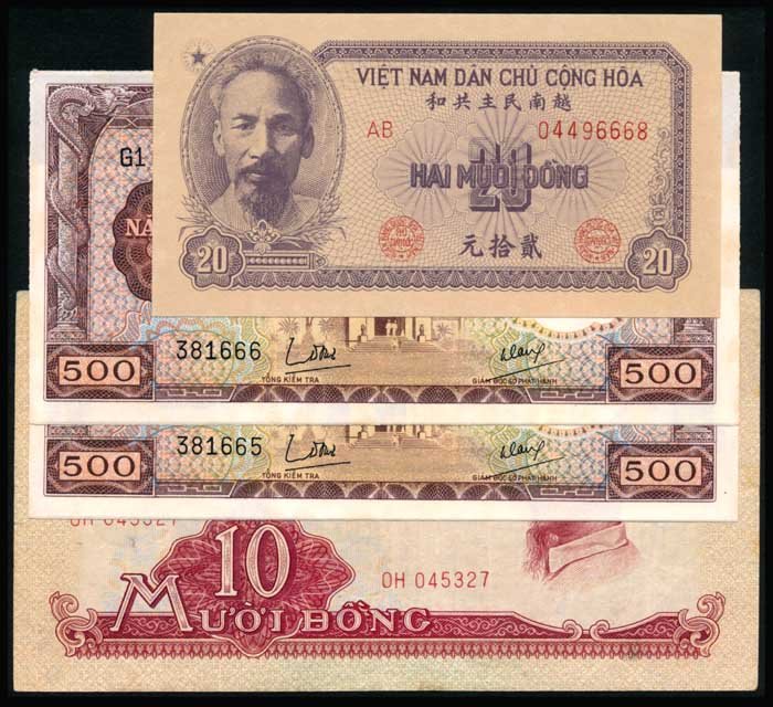 4 Viet Nam North 10 20 500 Dong 1951-64: Viet Nam/North Ngan Hang Quoc Gia Viet Nam, 10 Dong, 1958, (P.74a), serial no. OH 045327, VF; 20 Dong, 1951, (P.60a), serial no. AB 04496668; Ngan-Hang Quo'c-Gia Viet-Nam, 500 Dong, ND (1964), (P.22a)