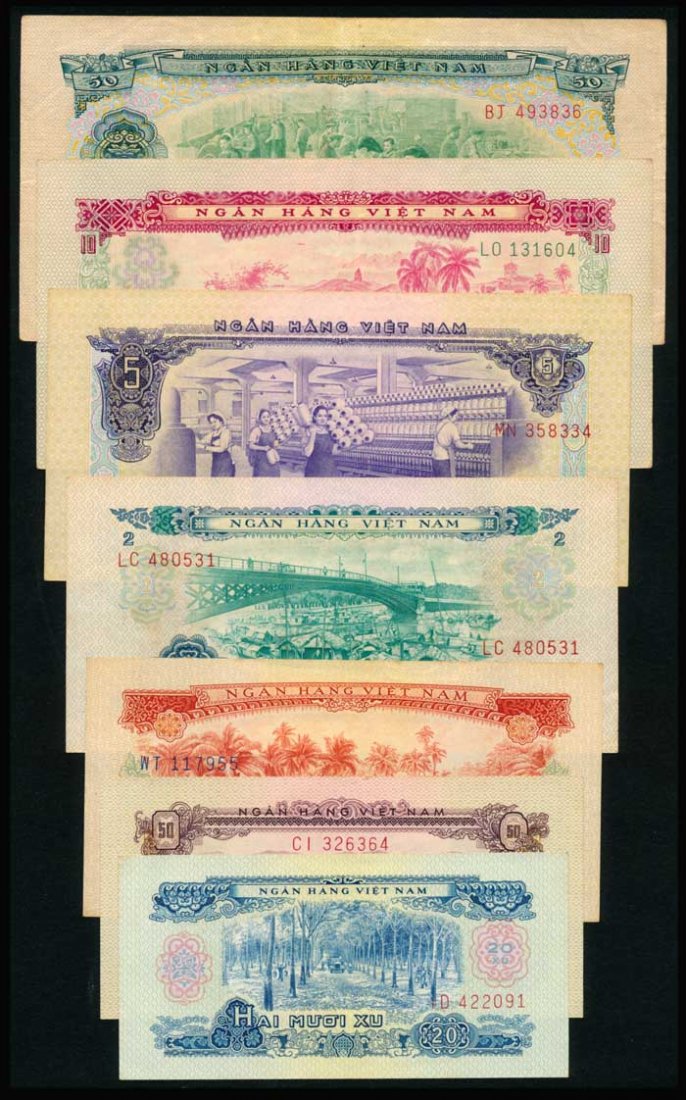 7 Viet Nam South 1966 20 Xu-50 Dong P38a-44a: Viet Nam/South Ngan Hang Viet Nam, Transitional Issue, 1966, 20, 50 Xu, 1, 2 ,5, 10, 50 Dong, (P.38a, to 44a), serial nos. ID 422091, CI 326364, WT 117955, LC 480531, MN 358334, LO 131604, BJ 493836, 