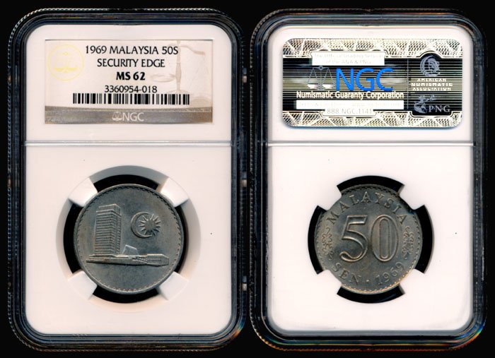 Malaysia 50 Sen 1969 NGC MS62: Malaysia 50 Sen, (KM.5.1), 1969, with security edge, NGC MS62.