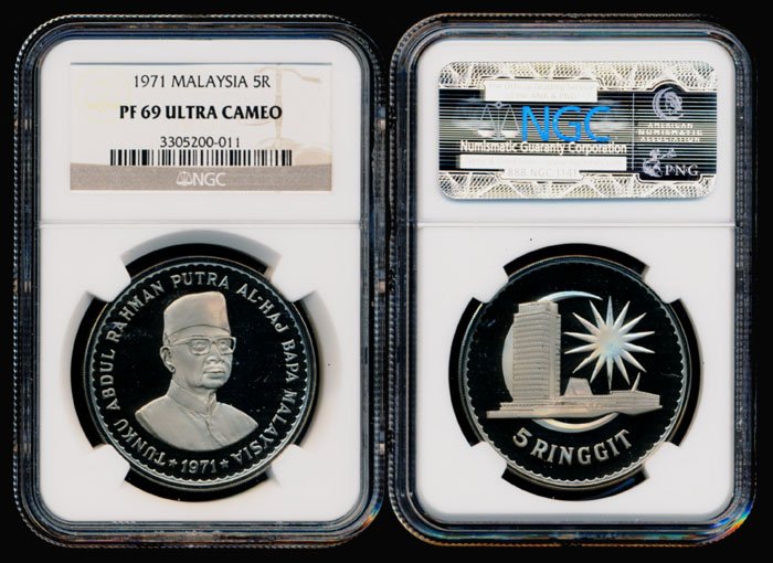 Malaysia 5 Ringgit 1971 NGC PF69UC: Malaysia Tunku Abdul Rahman, 5 Ringgit, (KM.10), 1971, copper-nickel, proof, NGC PF 69 Ultra Cameo.