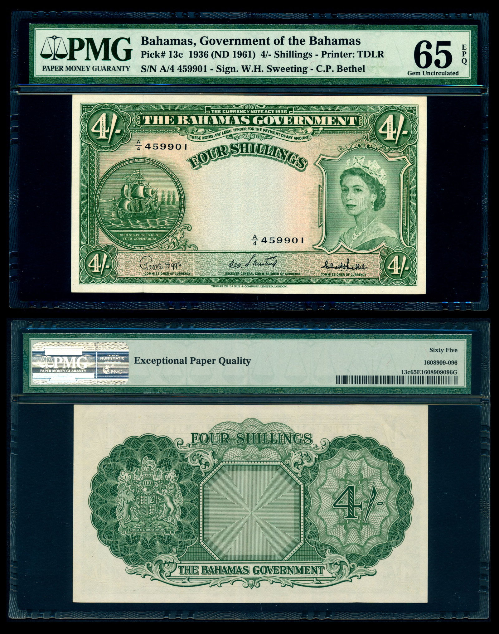 Bahamas 4 Shillings 1936 QEII PMG: Bahamas Bahamas Government, 4 Shillings, 1936 (ND 1961), Queen Elizabeth II, (P.13c), serial no. A/4 459901, PMG Gem UNC65EPQ.
