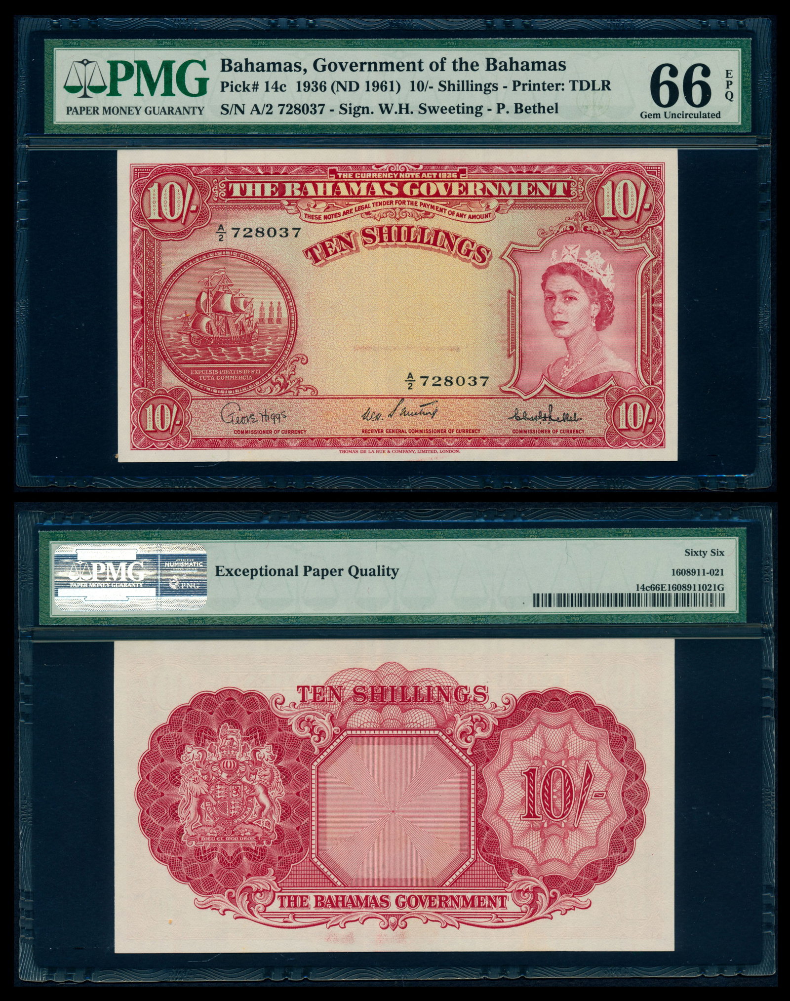 Bahamas 10 Shillings 1936 QEII PMG: Bahamas Bahamas Government, 10 Shillings, 1936 (ND 1961), Queen Elizabeth II, (P.14c), serial no. A/2 728037, PMG Gem UNC66EPQ.