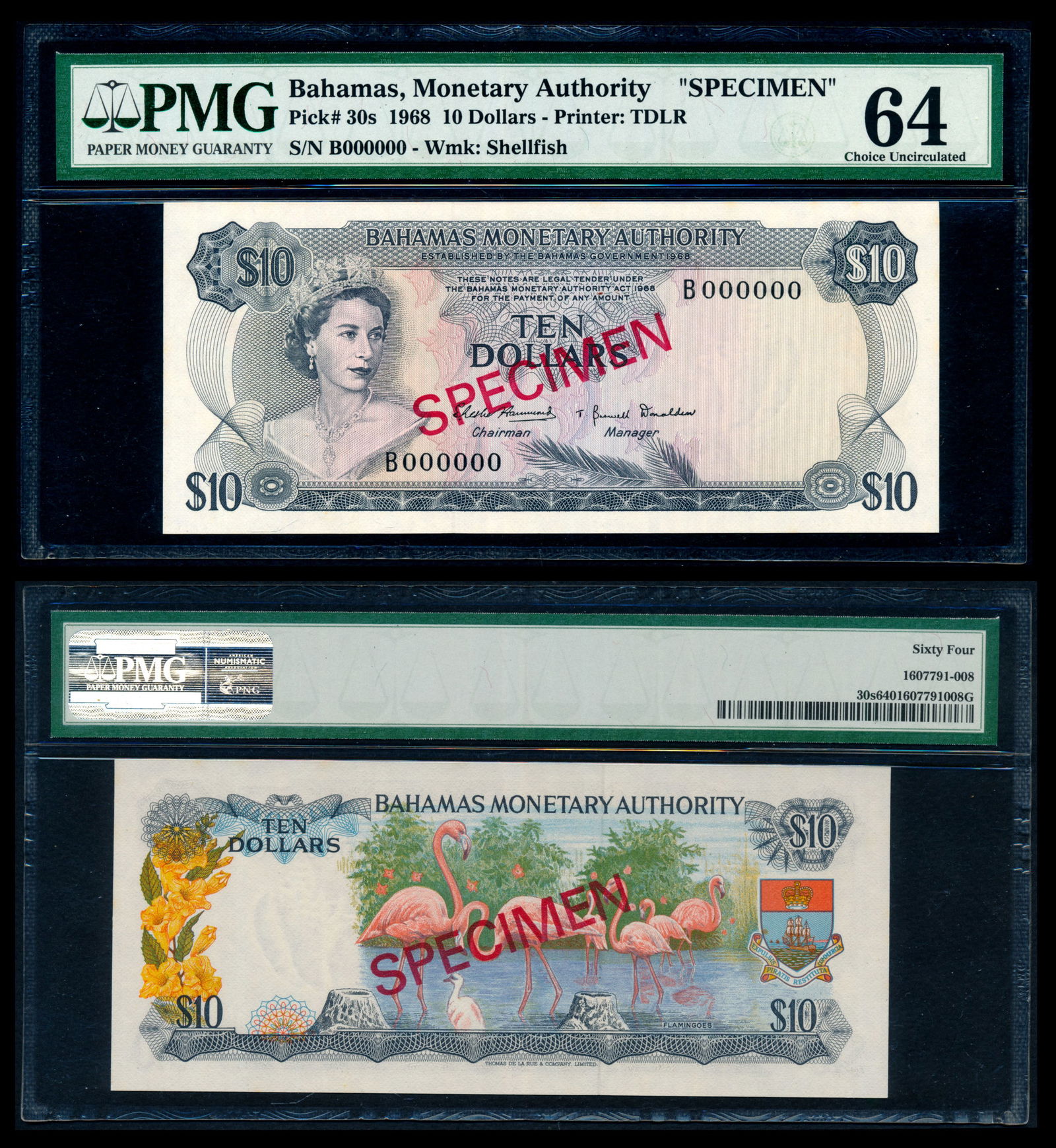 Bahamas $10 1968 QEII specimen PMG (1 of 1)