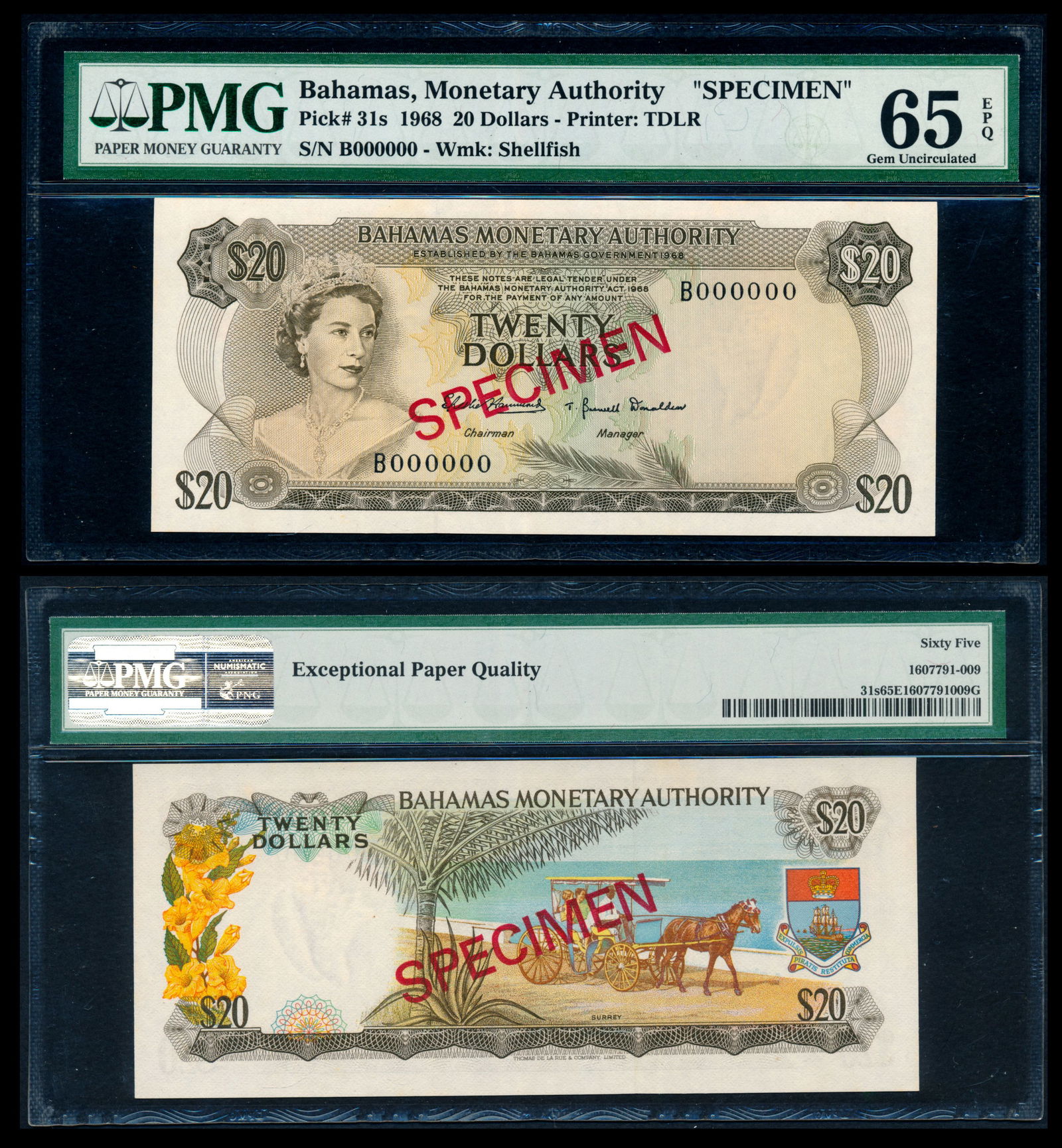 Bahamas $20 1968 QEII specimen PMG (1 of 1)