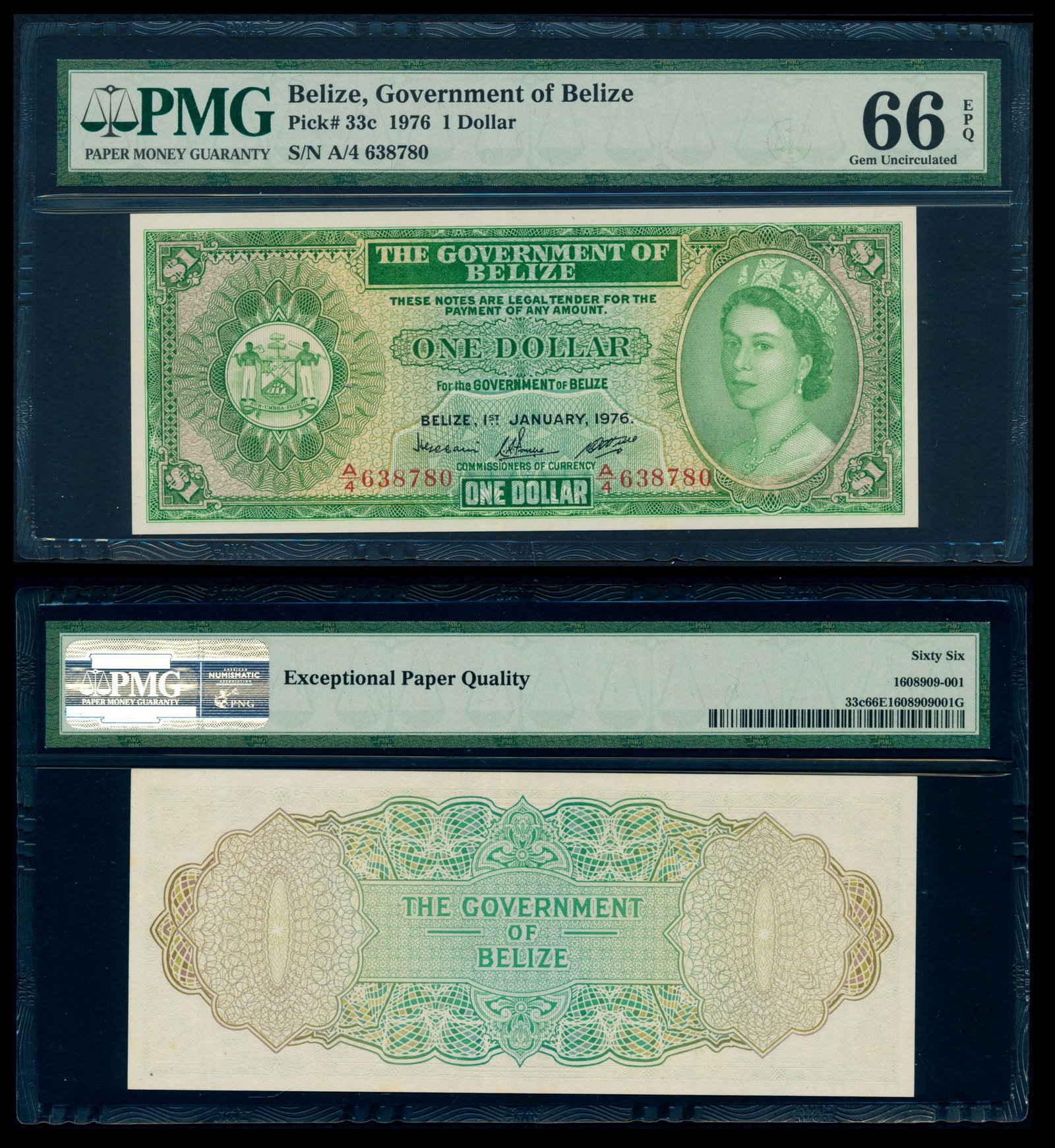 Belize $1 1976 QEII PMG: Belize $1, 1 January 1976, Queen Elizabeth II, (P.33c), serial no. A/4 638780, PMG Gem UNC66EPQ.