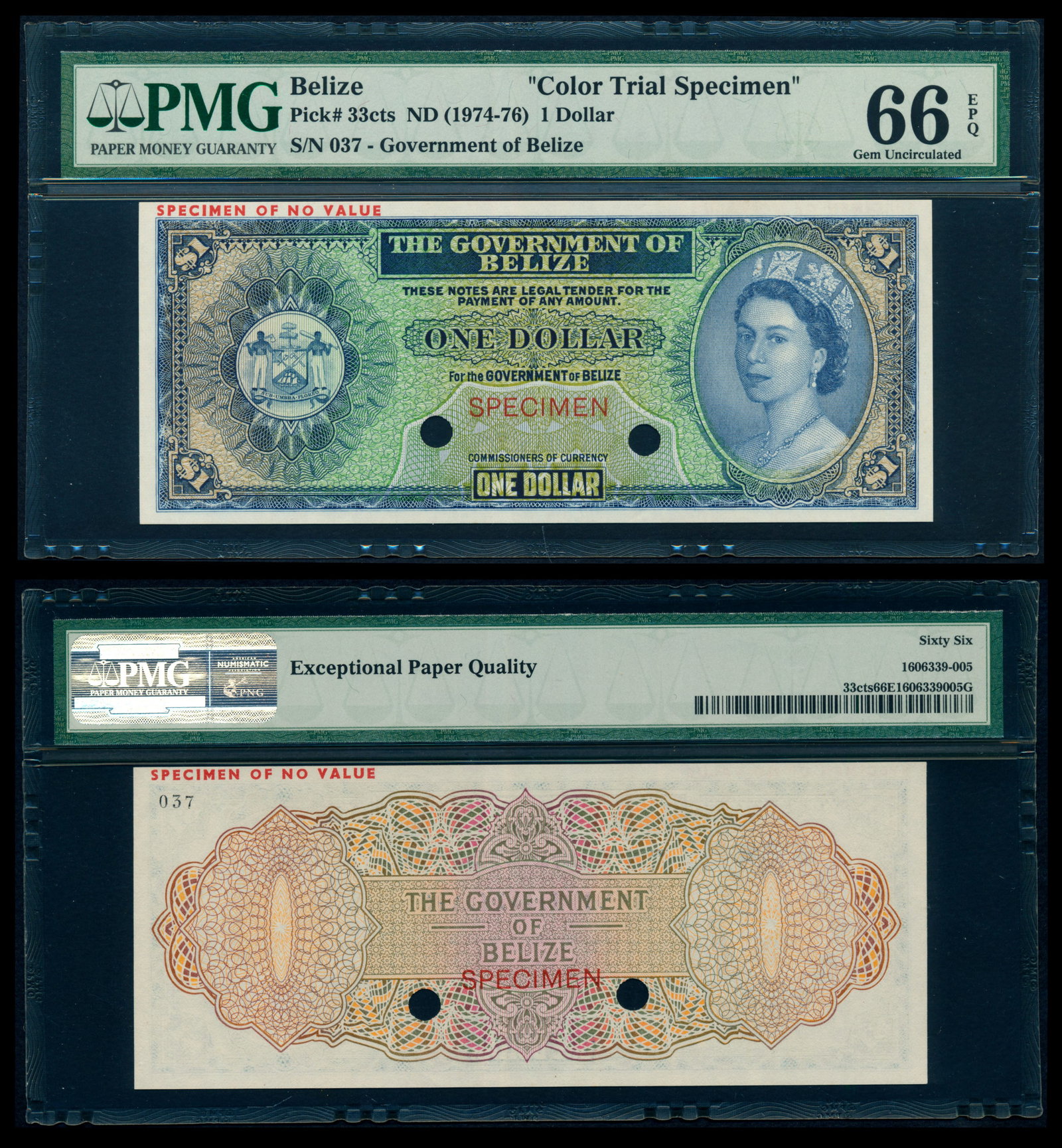 Belize $1 1974-76 color trial specimen PMG: Belize $1, ND (1974-76), color trial specimen, (P.33cts), no serial no., sign., or date, specimen no. 037, ""SPECIMEN" and "SPECIMEN OF NO VALUE" ovpts., official punch holes, PMG Gem UNC66EPQ.