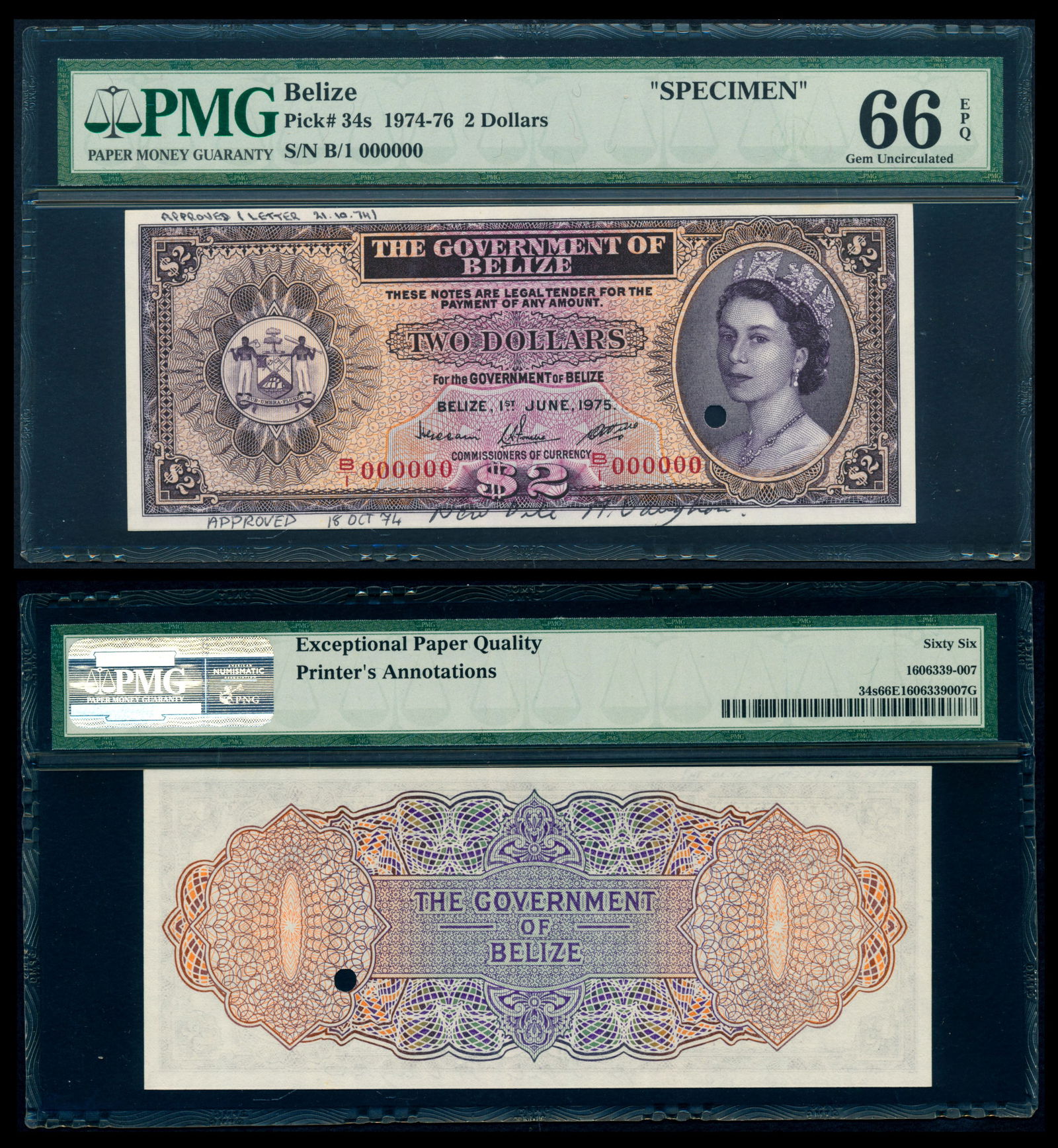 Belize $2 1975 QEII specimen PMG (1 of 1)
