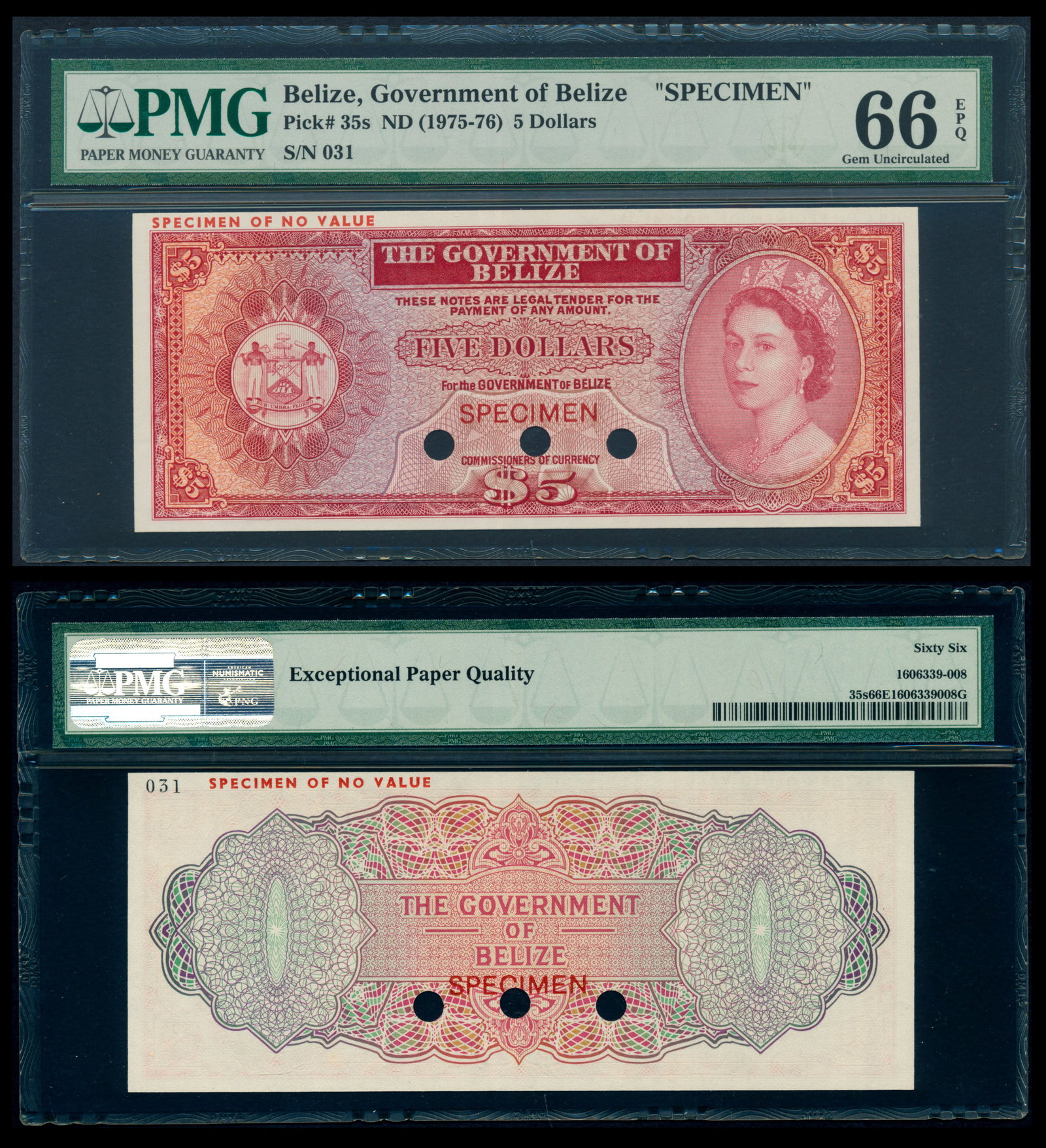 Belize $5 1975-76 QEII specimen PMG: Belize $5, ND (1975-76), Queen Elizabeth II, specimen, (P.35s), no serial no., sign., or date, specimen no. 031, "SPECIMEN" and "SPECIMEN OF NO VALUE" ovpts., official punch holes, PMG Gem UNC66EPQ.