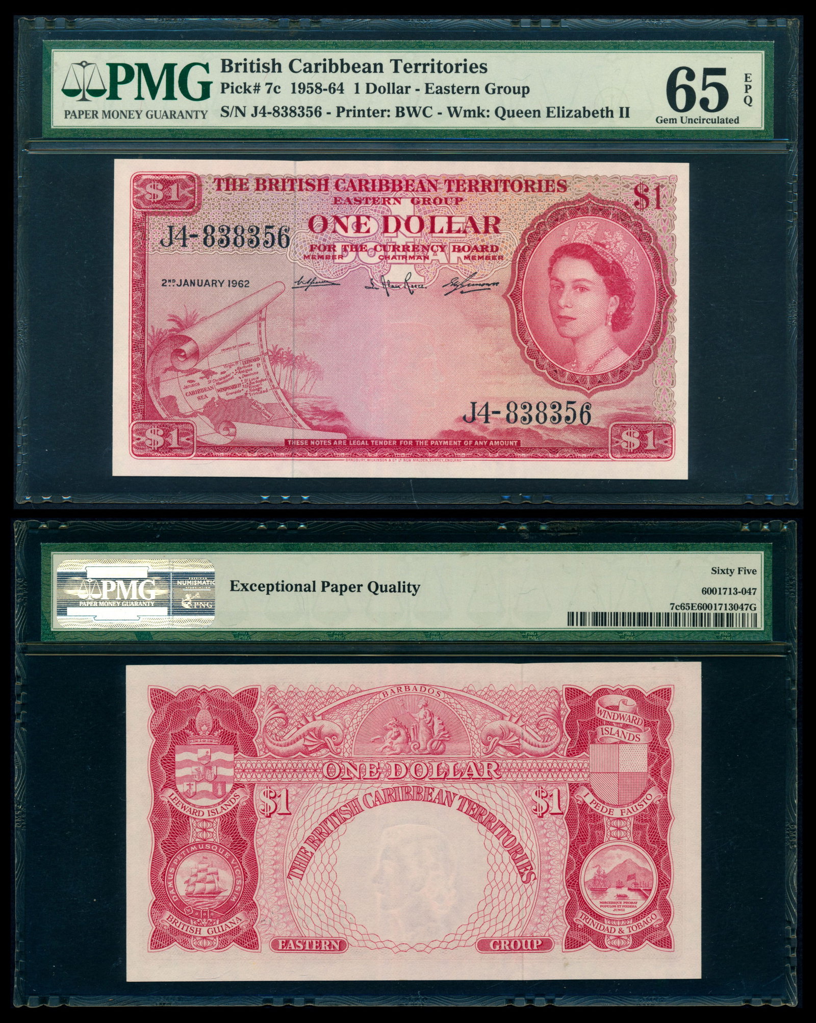 British Caribbean Territories $1 1962 QEII: British Caribbean Territories Eastern Group, $1, 2 January 1962, Queen Elizabeth II, (P.7c), serial no. J4-838356, PMG Gem UNC65EPQ.