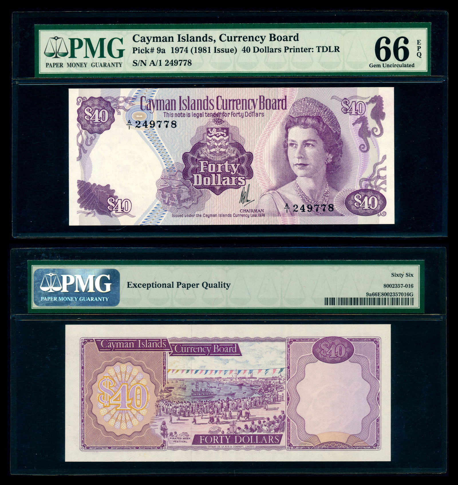Cayman Islands $40 1981 QEII PMG: Cayman Islands Cayman Islands Currency Board, $40, 1974 (1981 Issue), Queen Elizabeth II, (P.9a), serial no. A/1 249778, PMG Gem UNC66EPQ.