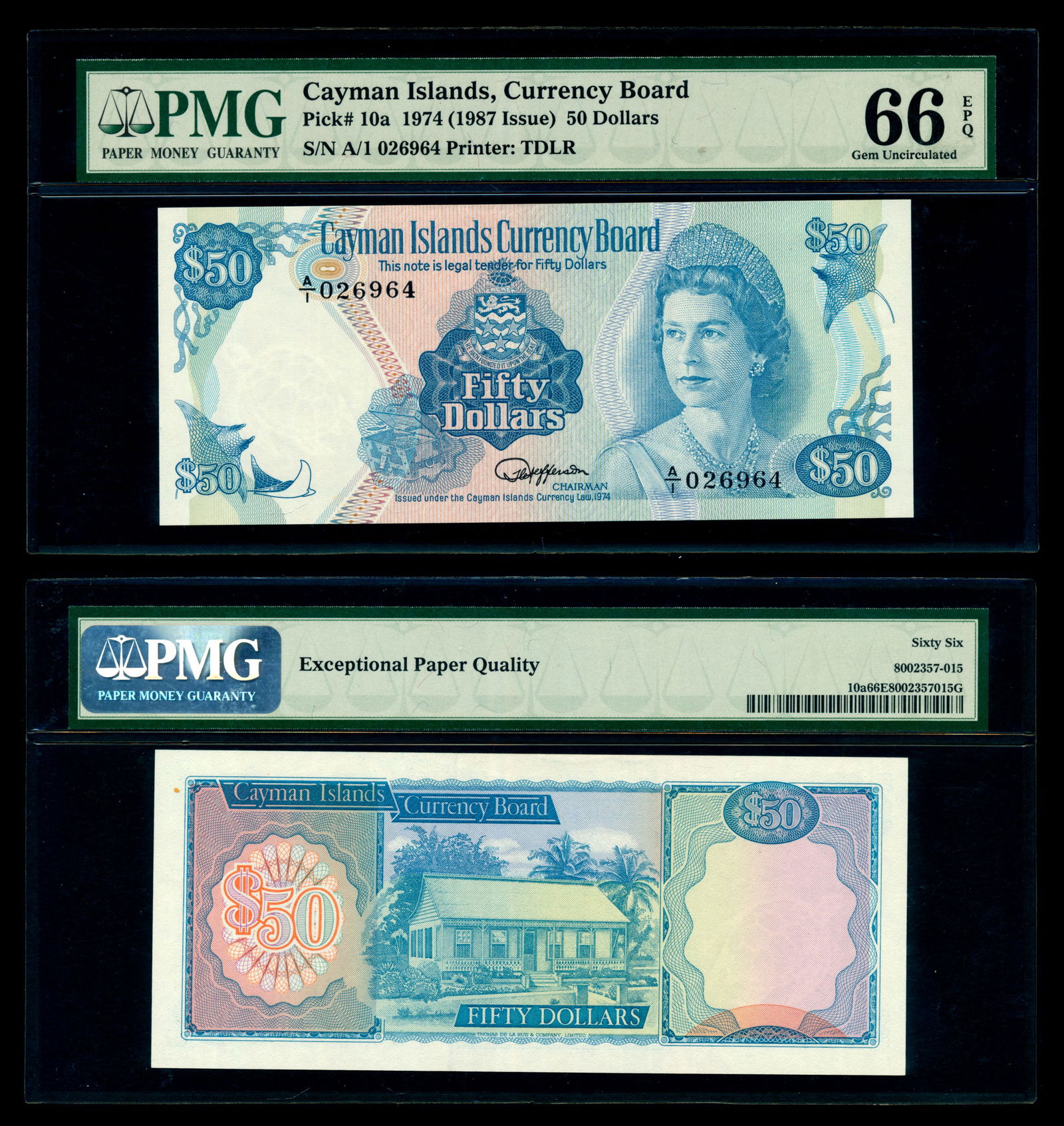 Cayman Islands $50 1987 QEII PMG: Cayman Islands Cayman Islands Currency Board, $50, 1974 (1987 Issue), Queen Elizabeth II, (P.10a), serial no. A/1 026964, PMG Gem UNC66EPQ.