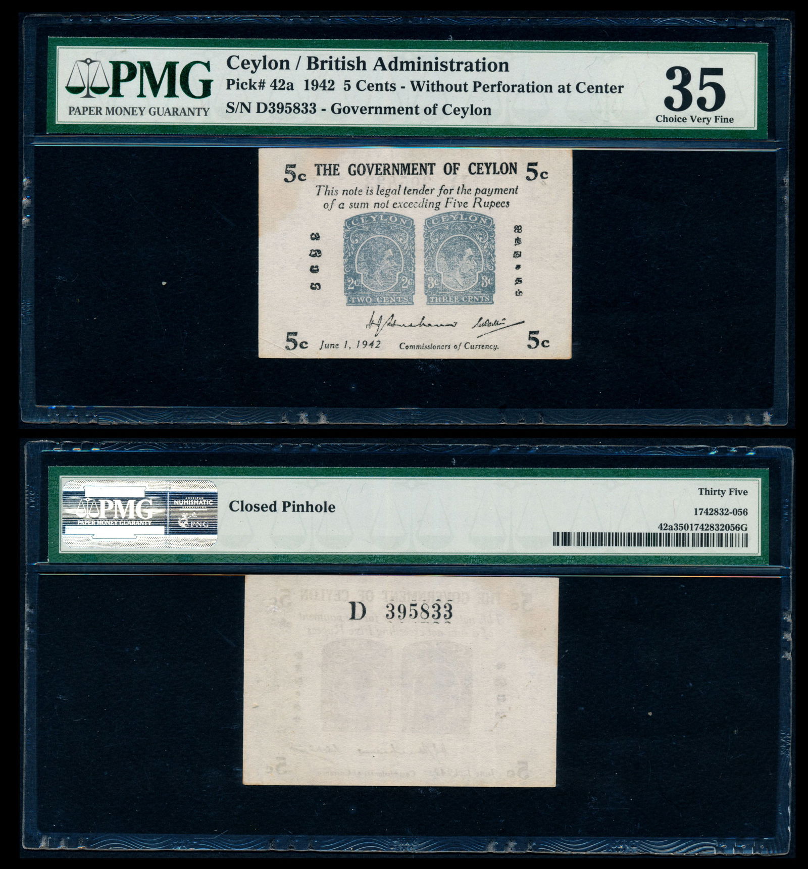 Ceylon 5c 1942 KGVI PMG (1 of 1)