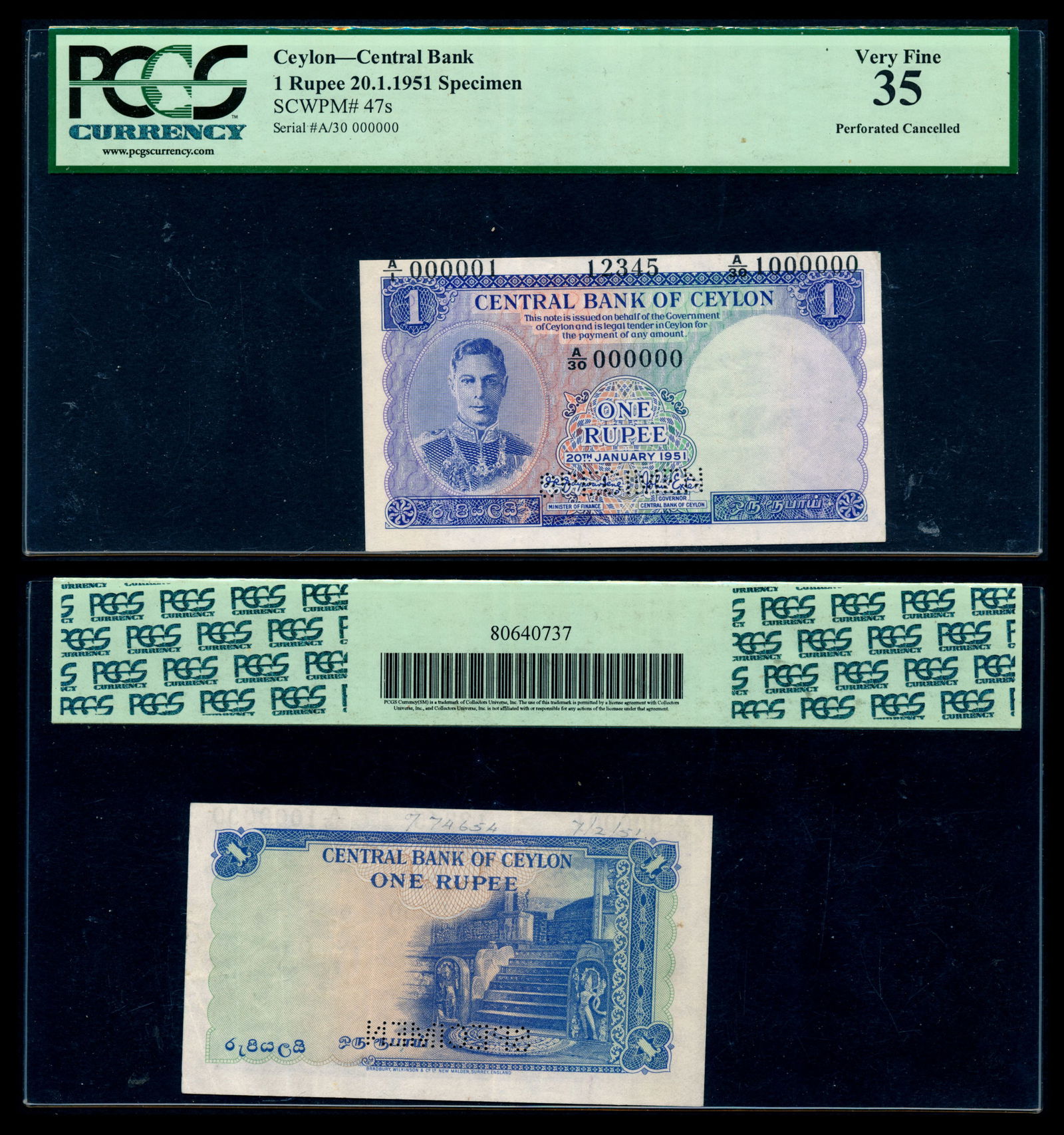 Ceylon 1 Rupee 1951 KGVI specimen PCGS (1 of 1)