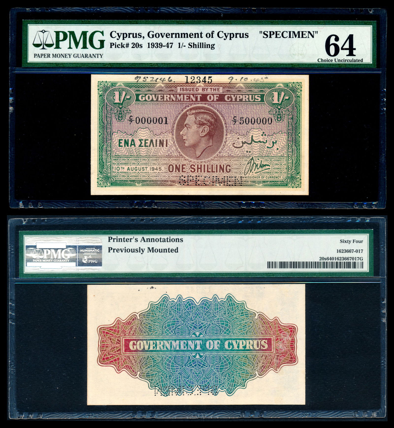 Cyprus 1 Shilling 1945 KGVI specimen PMG (1 of 1)