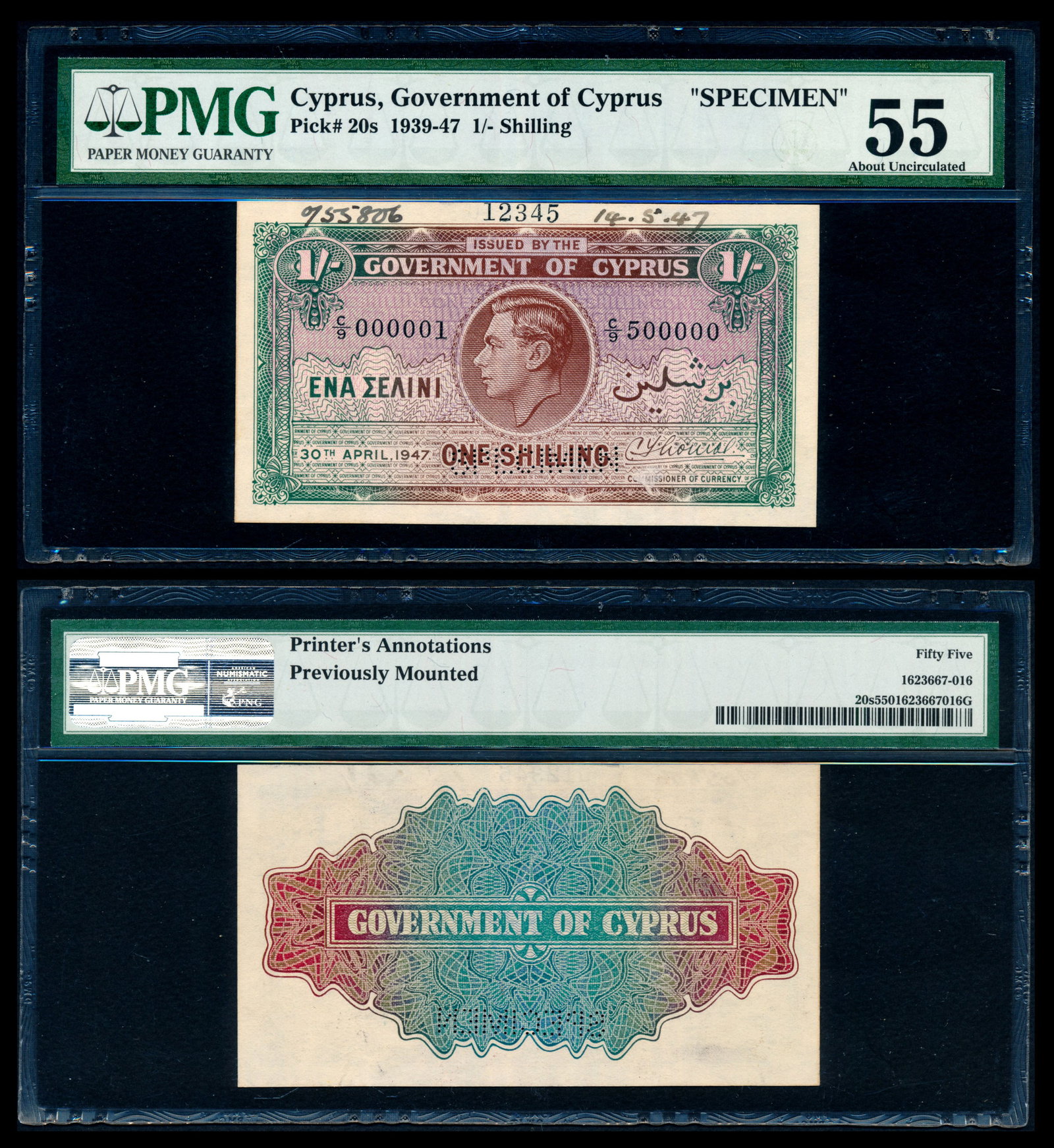 Cyprus 1 Shilling 1947 KGVI specimen PMG: Cyprus Government of Cyprus, 1 Shilling, 30 April 1947, King George VI, specimen, (P.20s), left serial no. C/9 000001, right serial no. C/9 500000, "SPECIMEN" perforation, printer's annotations, previ