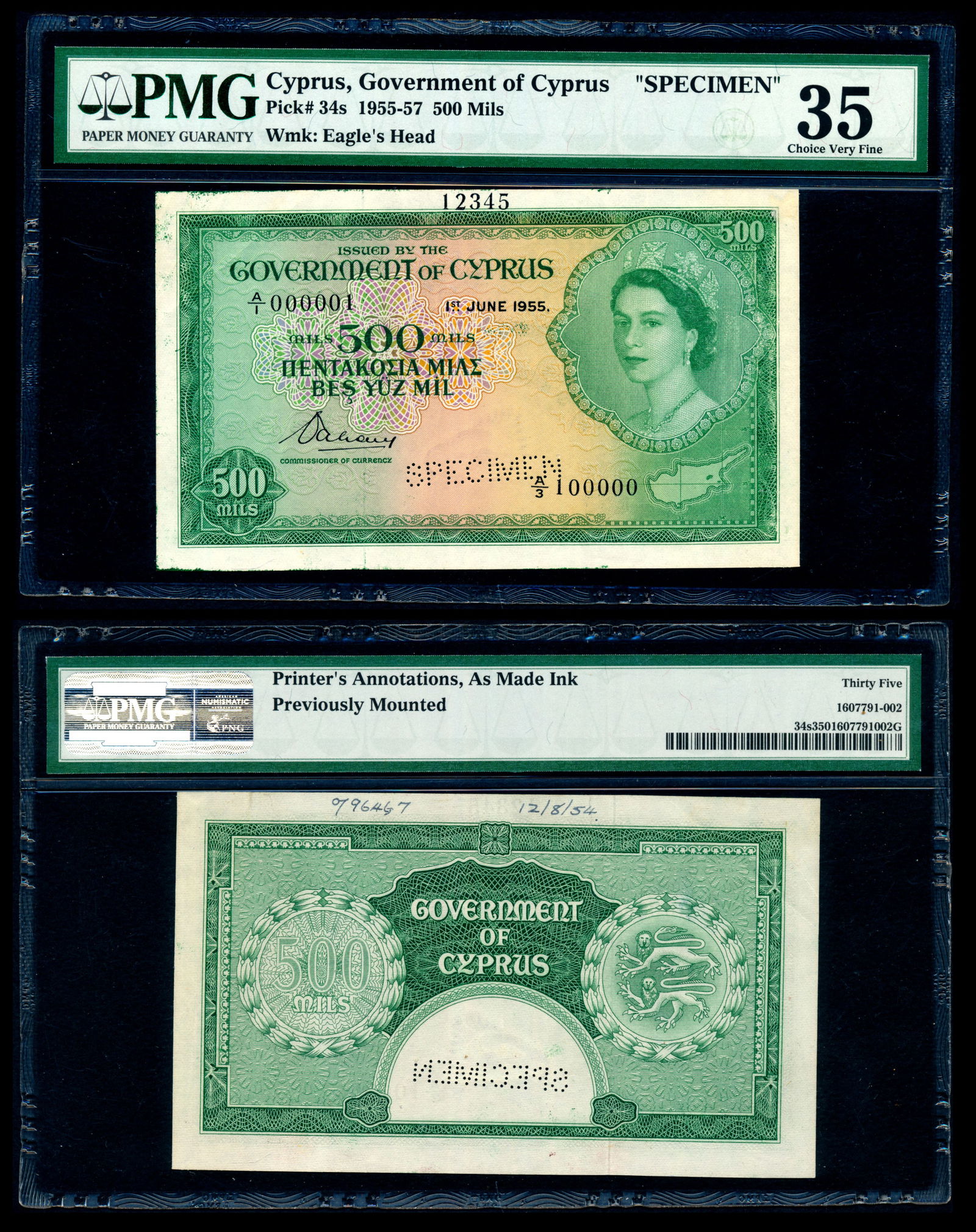 Cyprus 500 Mils 1955 QEII specimen PMG (1 of 1)