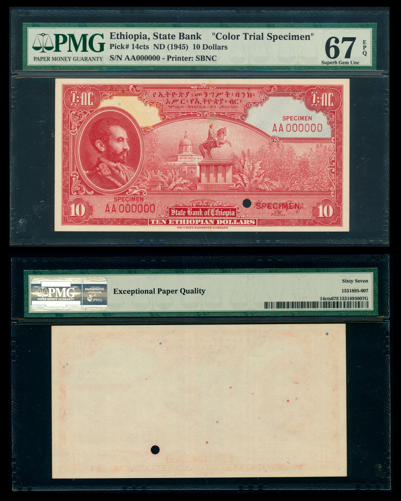 Ethiopia $10 1945 colour trial specimen PMG (1 of 1)