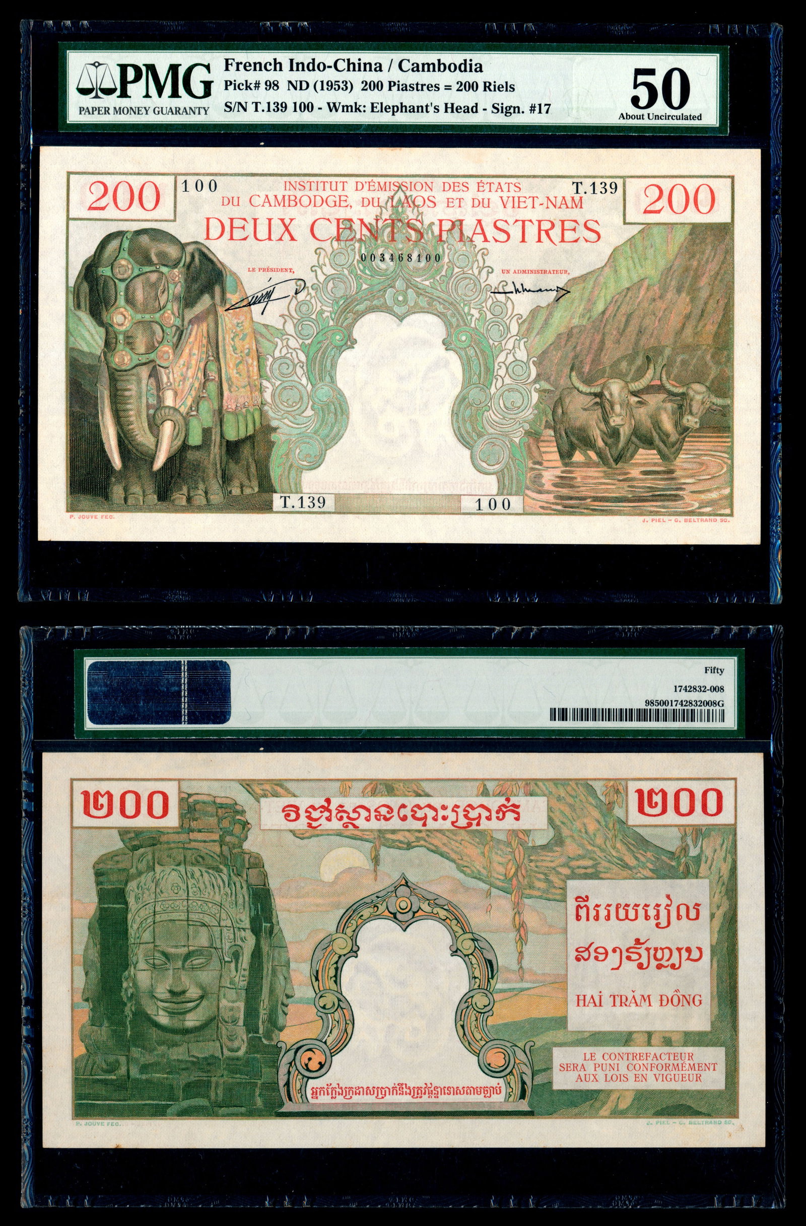 French Indo-China 200 Piastres=200Riels 1953: French Indo-China 200 Piastres = 200 Riels, Cambodia issue, ND (1953), (P.98), serial no. T.139 100, PMG AU50.
