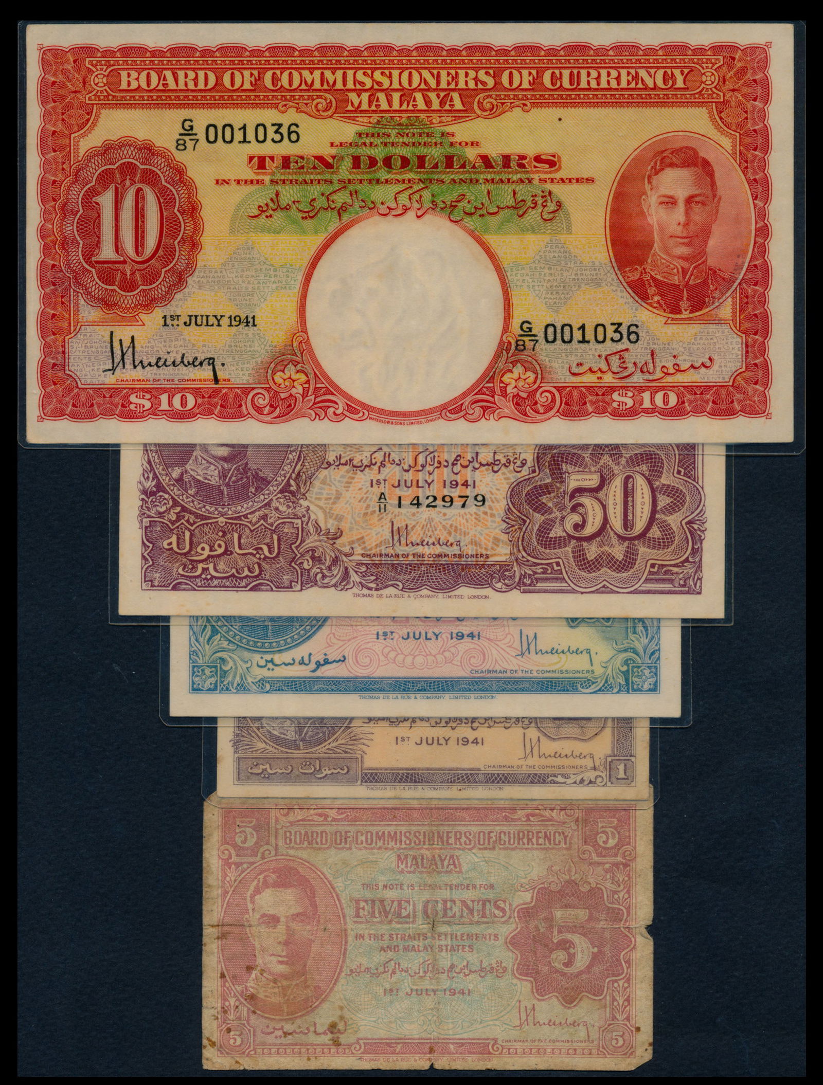 5 Malaya 1c-$10 1941 KGVI (1 of 1)