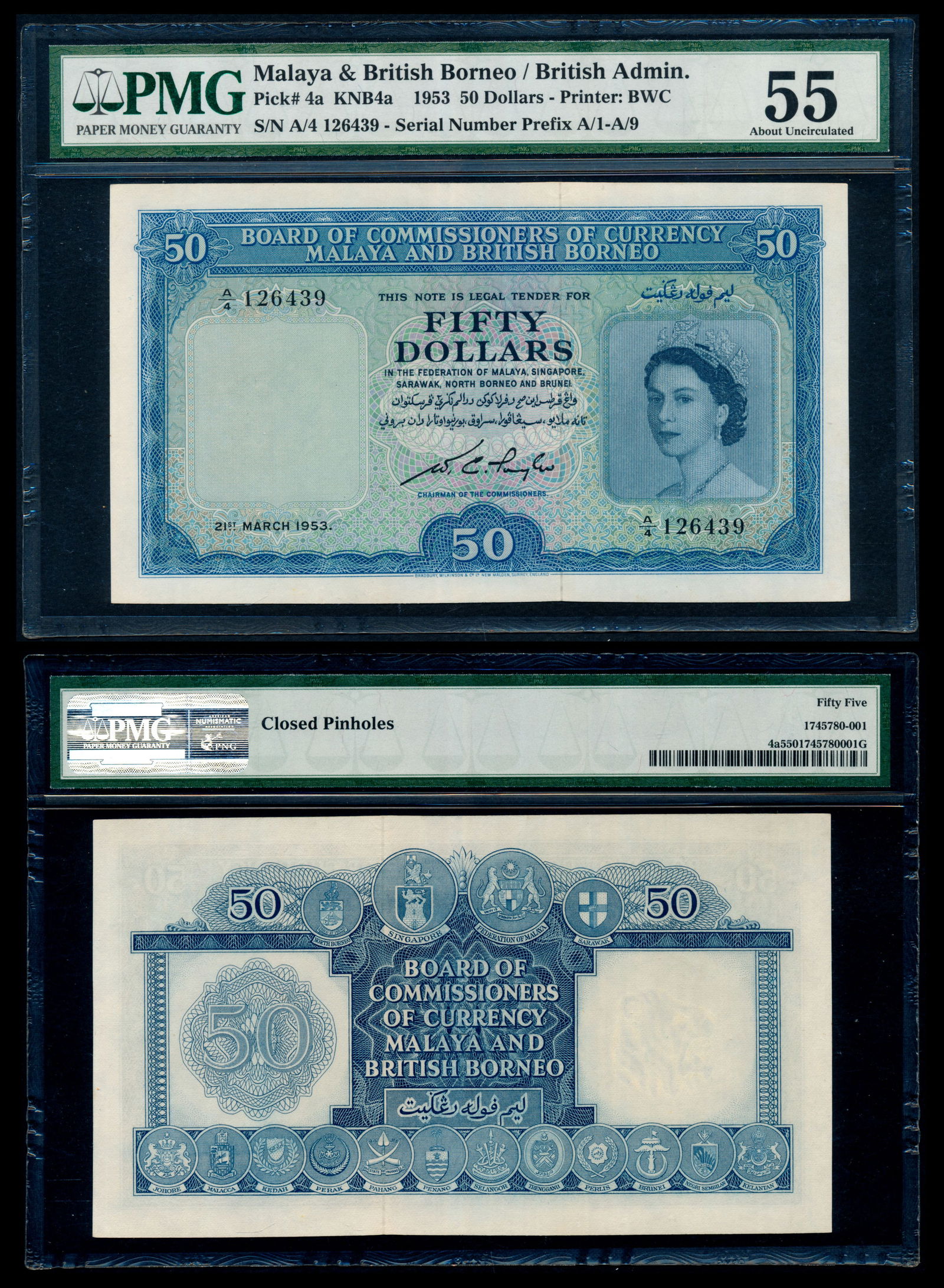 Malaya Br Borneo $10 1953 QEII PMG (1 of 1)
