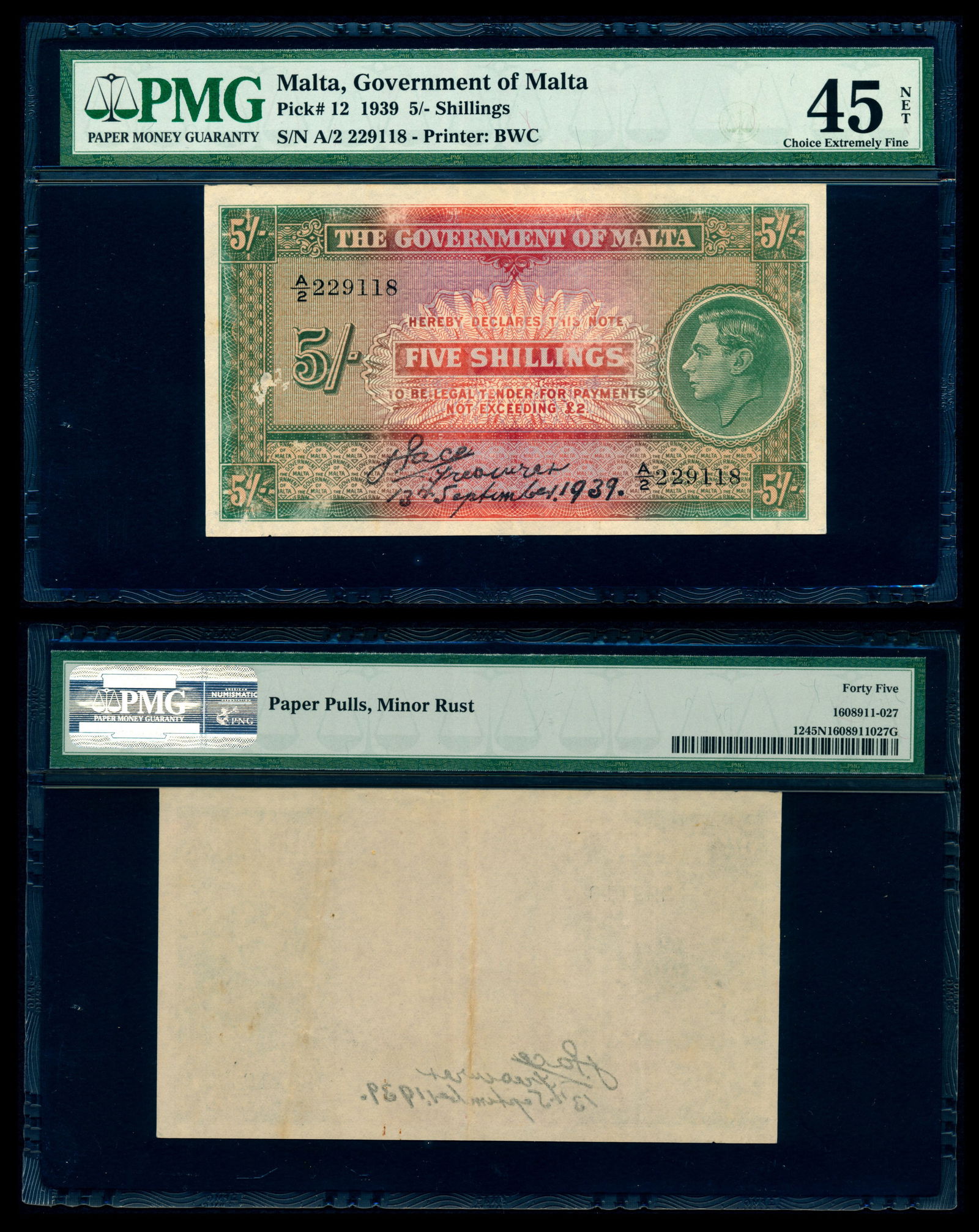 Malta 5 Shillings 1939 KGVI PMG