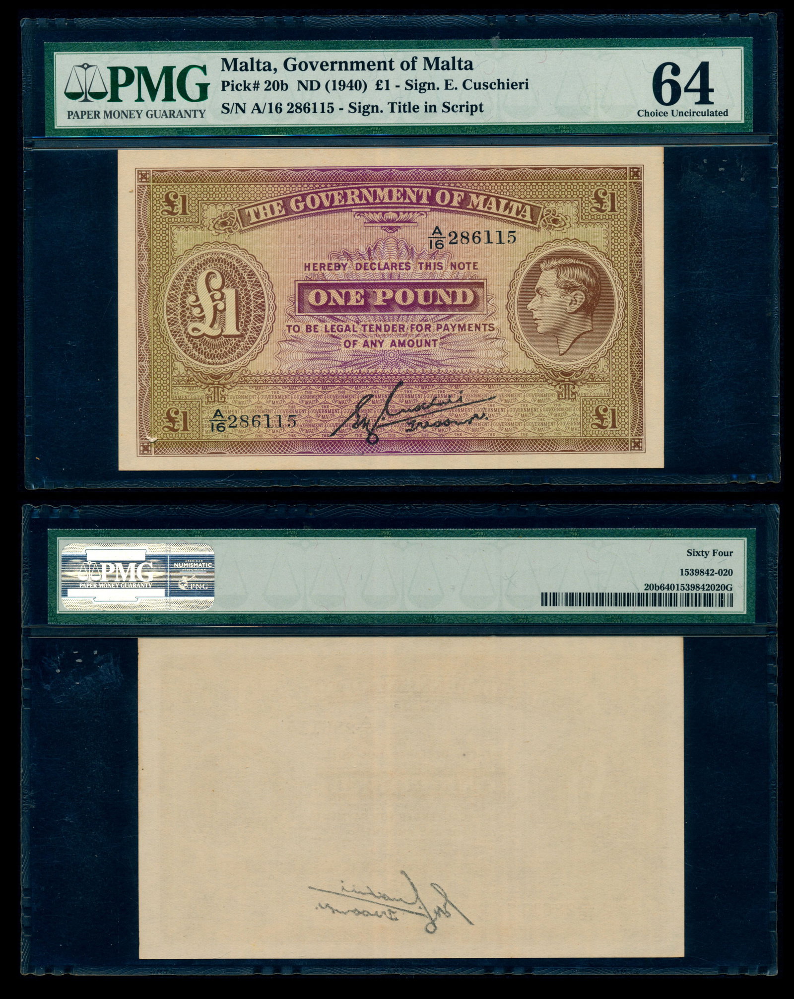 Malta 1 Pound 1940 KGVI PMG: Malta Government of Malta, 1 Pound, ND (1940), King George VI, sign. E. Cuschieri, sign. Title in script, (P.20b), serial no. A/16 286115, PMG Choice UNC64.